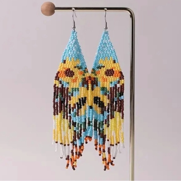 Color Block Bead Tassel Drop Earrings Bohemian Flower Fringe Dangle Earrings - Picture 2 of 3
